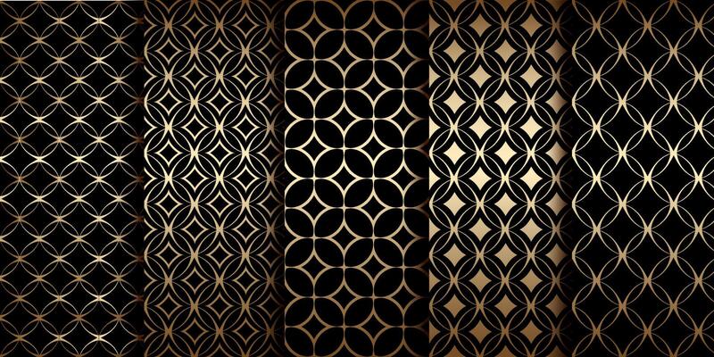 Golden geometric seamless patterns with round linear shapes, art deco motif
