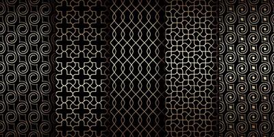 Golden oriental seamless patterns with swirls and curved lines vector