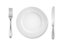 Empty white plate with knife and fork vector
