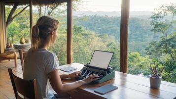 In a serene countryside setting, a woman types on a vintage typewriter, engaging in mindful creativity photo