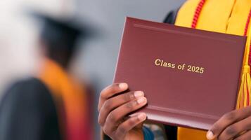Hands showcase diploma for Class of 2025 against a soft-focused background, highlighting graduation pride photo