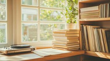 Traveler enjoys writing in a journal surrounded by books and a record player in a bright nook photo