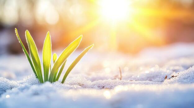 primero verde coles surgir desde derritiendo nieve como el Dom conjuntos, fundición un calentar dorado resplandor en primavera foto