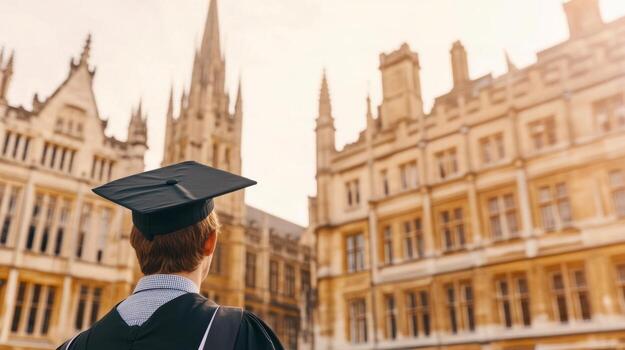 graduado alegremente lanza gorra en celebracion de académico éxito en frente de icónico Universidad arquitectura foto