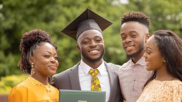 Graduate holds diploma while family surrounds him with warm hugs and joyful expressions in sunlight photo