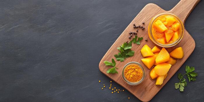 Fresco mango rebanadas y mango pepinillo en un de madera tablero realce vibrante especias en natural ligero foto