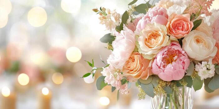 delicado rosas y peonías crear un maravilloso habitación central en un elegante festivo mesa iluminado por calentar ligero foto