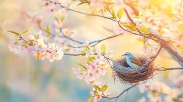 Birds build a nest in blooming branches as sunlight illuminates the spring morning with warm hues photo