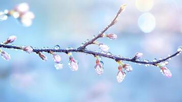 Cherry blossoms adorned with dewdrops shimmer in soft morning light, signaling the arrival of spring photo