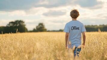 A teenager in a casual T-shirt walks through a tall grass field, embracing a sense of freedom at dusk photo