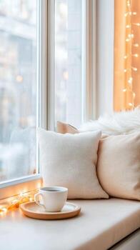 disfrutar un sereno leyendo esquina con café, suave almohadas, y amable Encendiendo Perfecto para relajación foto