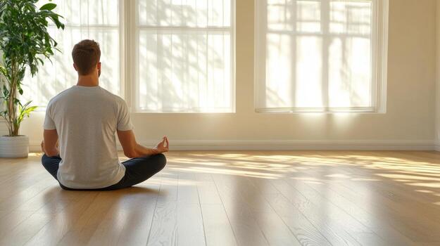 hombre practicas un sencillo extensión rutina en un brillante vivo habitación, abrazando estrés alivio y atención plena foto