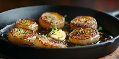 Savory baked onions seasoned perfectly, resting in a skillet with melting butter and herbs photo
