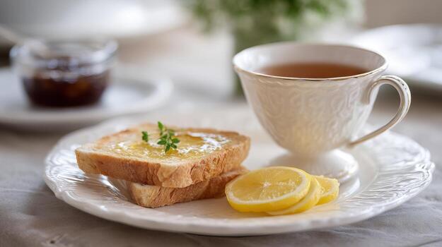 disfrutar un calentar desayuno presentando conde gris té, brindis con mermelada, y agrios rebanadas en un acogedor atmósfera foto