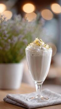 deleite en un postre infundido con conde gris té y coronado con bergamota ánimo en un calentar café ajuste foto