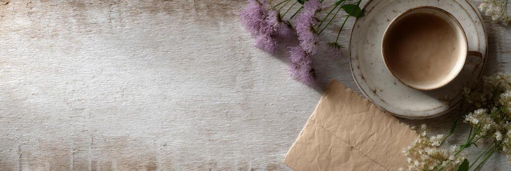 Scattered flowers and an elegant tea cup create a cozy and inviting atmosphere for storytelling photo