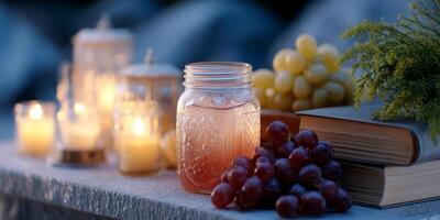 Enjoy a dreamy night picnic featuring glowing jam jar cocktails, fruits, and soft candlelight photo