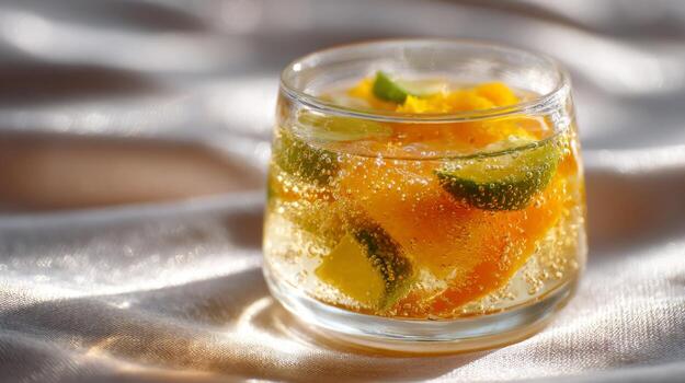 un soleado jargarita en un tarro destellos con agrios y burbujas en un picnic paño foto