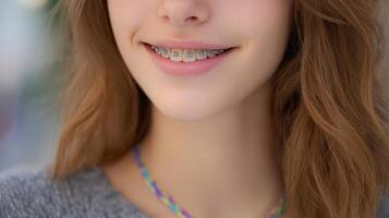 Teenager with metal braces and rubber bands smiles in a relaxed outdoor setting photo