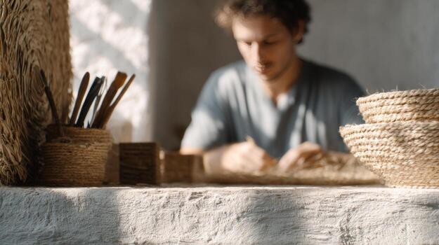 artesano trabajos con rafia a crear Respetuoso del medio ambiente accesorios en un acogedor Mediterráneo taller foto