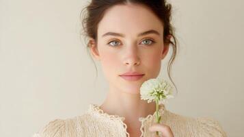 Model wears a raffia top, holding a flower, conveying a relaxed vibe in a pastel backdrop photo