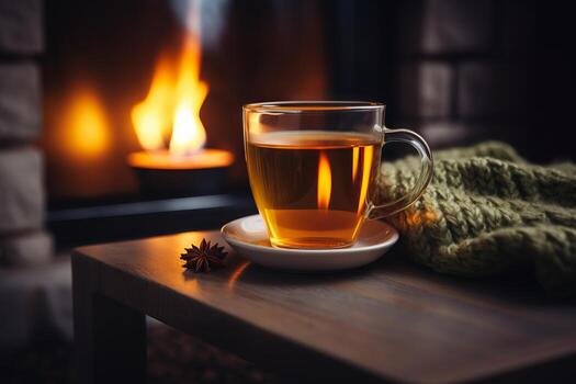 un taza de té se sienta en un mesa siguiente a un chicharrón chimenea, creando un acogedor ambiente foto