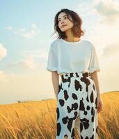 A woman in cow print pants stands gracefully in a sunlit field, embodying a sense of peace and connection with nature photo