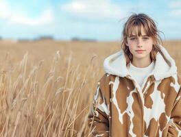 A girl in a cow print jacket smiles in a golden field under a beautiful sky photo