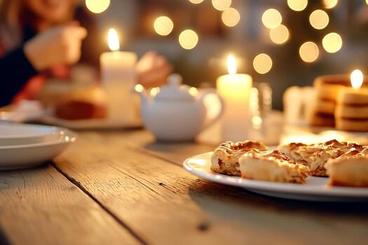 amigos compartir dulce pasteles y la risa alrededor un alumbrado por velas mesa, creando un calentar atmósfera foto