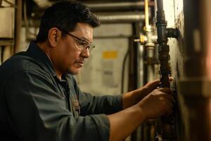 Latino plumber performs installation of a new pipe in a dimly lit technical room filled with equipment and pipes photo