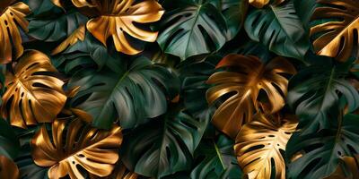 Green and gold tropical monstera leaves creative layout, summer concept background photo