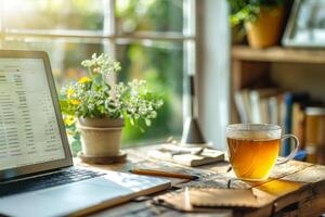 A laptop on a wooden rustic table, concept of home office and remote work photo
