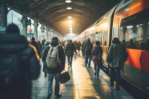People walk along the platform of a railway station near a train photo