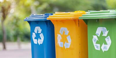 Three recycling bins, one blue, one yellow, and one green, with recycle symbols on the front, are lined up in a park setting, waste recycling and circular economy concept photo
