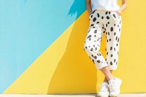 A young woman wears cow print pants and sneakers, standing outdoors near a colorful wall, enjoying the bright weather photo