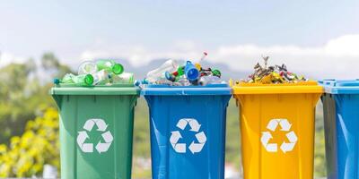 Three recycling bins, each filled with different materials, stand in a row against a blue sky, waste reduction and planet ecology concept photo