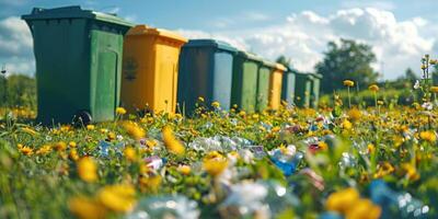 Colorful recycling bins lined up in a field of flowers with some discarded plastic bottles scattered in the foreground, waste recycling and circular economy concept photo