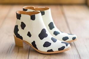 Stylish ankle boots featuring a cow skin print are showcased outside on a wooden surface in natural light photo