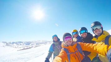 Friends smile brightly snowshoeing in a stunning winter landscape on a sunny day, enjoying their adventure photo