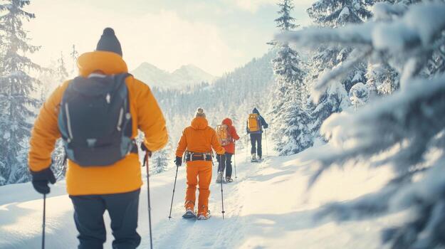 un animado grupo explora un invierno sendero en raquetas de nieve, rodeado por abeto arboles y suave ligero en un Nevado mundo maravilloso foto