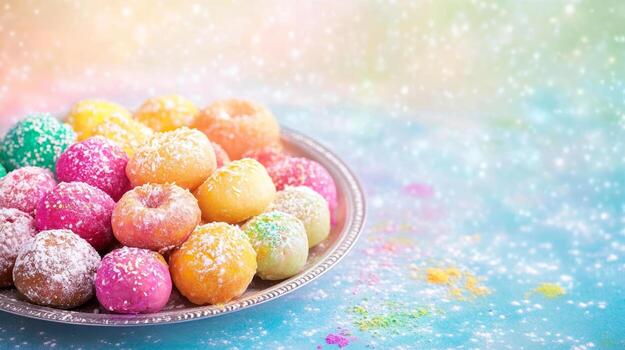 un plata plato con holi dulces, rodeado por vistoso polvos y festivo vibraciones foto