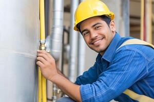 A young Latino plumber checks the connections of a water heater in a dimly lit workshop surrounded by industrial pipes photo