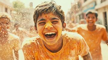 Children covered in colorful powders enjoy water balloon fights in India during Holi celebrations photo