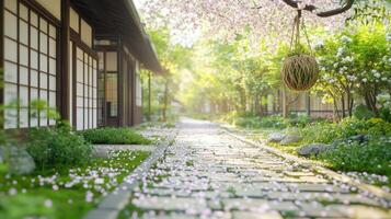 Kokedama hangs above a stone path in a traditional Japanese courtyard with sakura petals scattered around photo