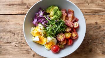 Bright keto breakfast bowl features eggs, bacon, and fresh vegetables under soft natural light photo