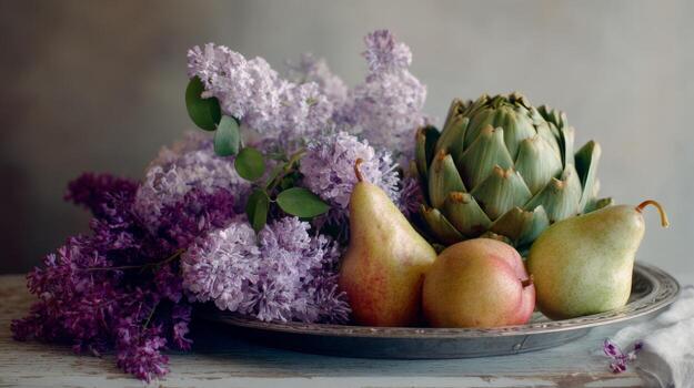 peras, lilas, y alcachofas hacer un encantador habitación central para primavera reuniones foto