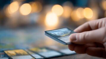 A hand holds bright trading cards over a game table, evoking nostalgia and joy, kidults concept photo