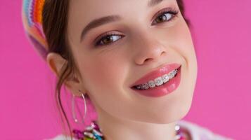 Brightly smiling girl with metal braces and colorful accessories stands in front of a pink backdrop photo