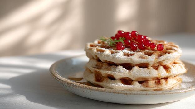 delicioso de masa fermentada gofres coronado con bayas y jarabe en un rústico desayuno mesa en calentar luz de sol foto