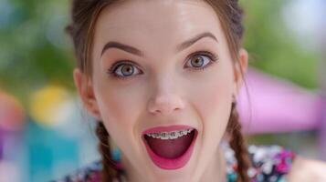 Teenager joyfully displays her metal braces, creating a fun atmosphere in a colorful park during daylight photo